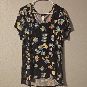 LuLaRoe Black Tee with Colorful Cartoon Print Featuring Toy Story ALIENS